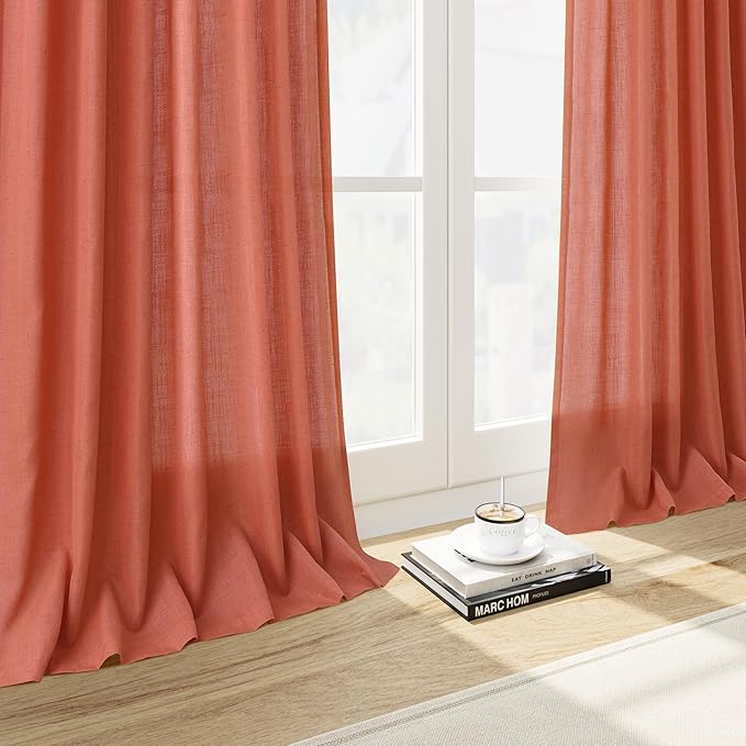 Coral Textured Linen 96 Inch Length Curtains Panels 2 Panel Set Back Tab Rod - Image 6
