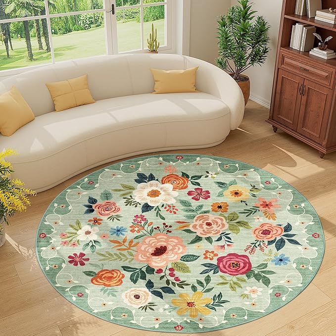 DUKINO Floral Round Rug, 6ft Washable Circle Rug, Non Slip Indoor Low Pile - Image 7