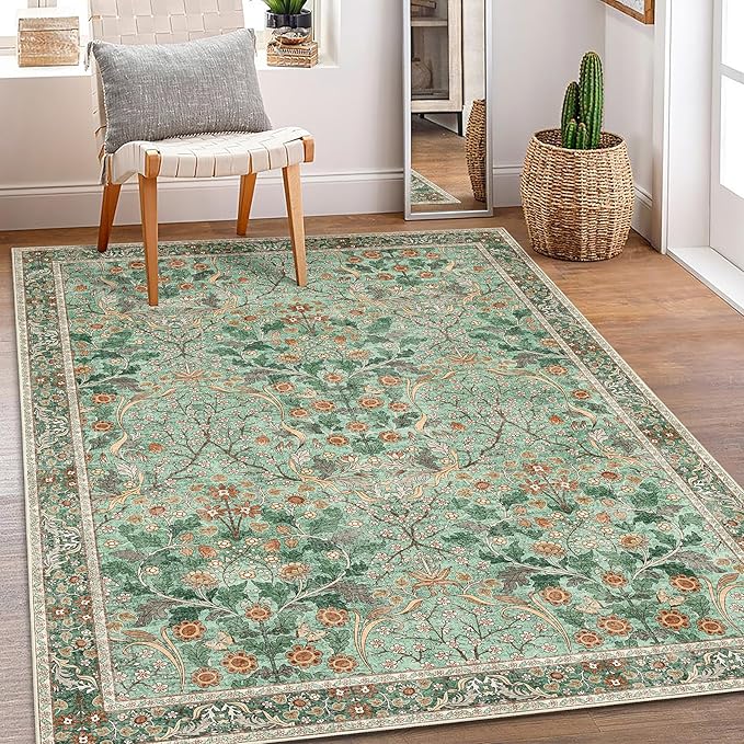 MUJOO 3x5 Green Rug Washable, Floral Area Rug by MUJOO