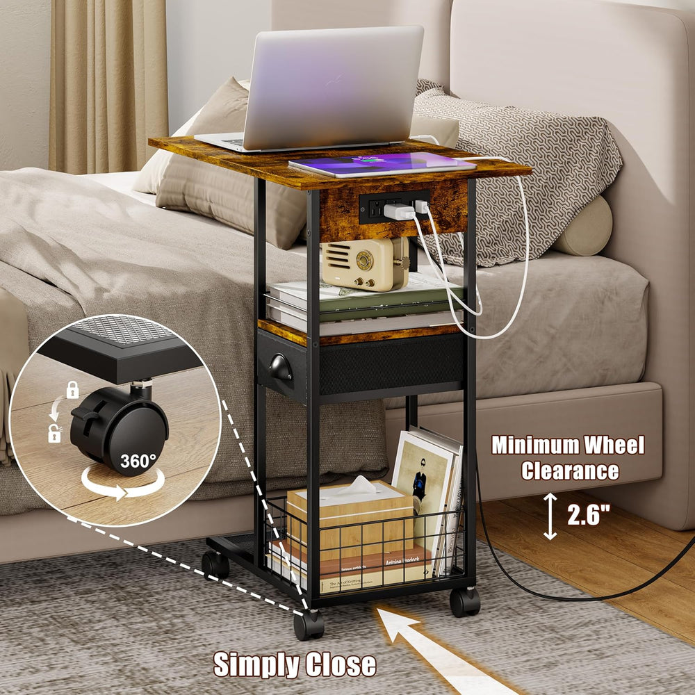 Rolling Side Table, TV Trays, C Table with Charging Station, Storage Drawer