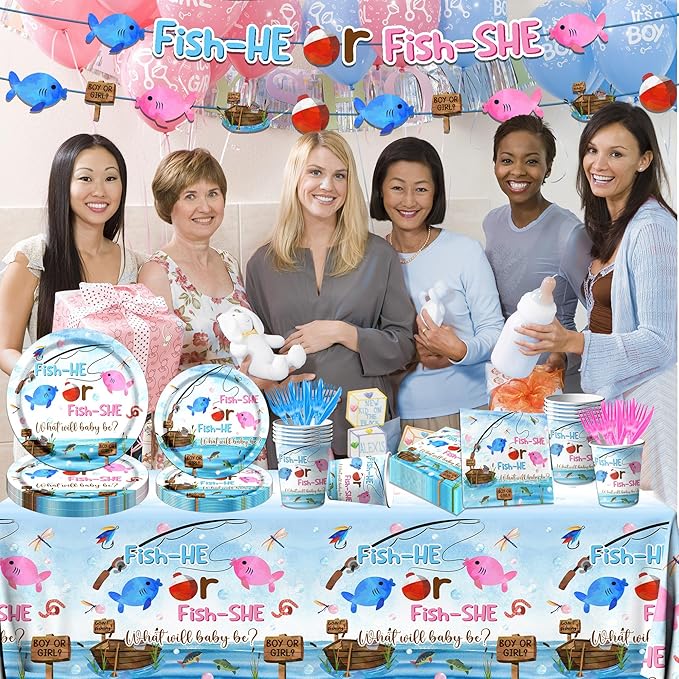 GREHUMOR Gone Fishing Gender Reveal Party Tableware 142Pcs Fish She or Fish He - Image 4