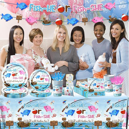 GREHUMOR Gone Fishing Gender Reveal Party Tableware 142Pcs Fish She or Fish He - Image 4