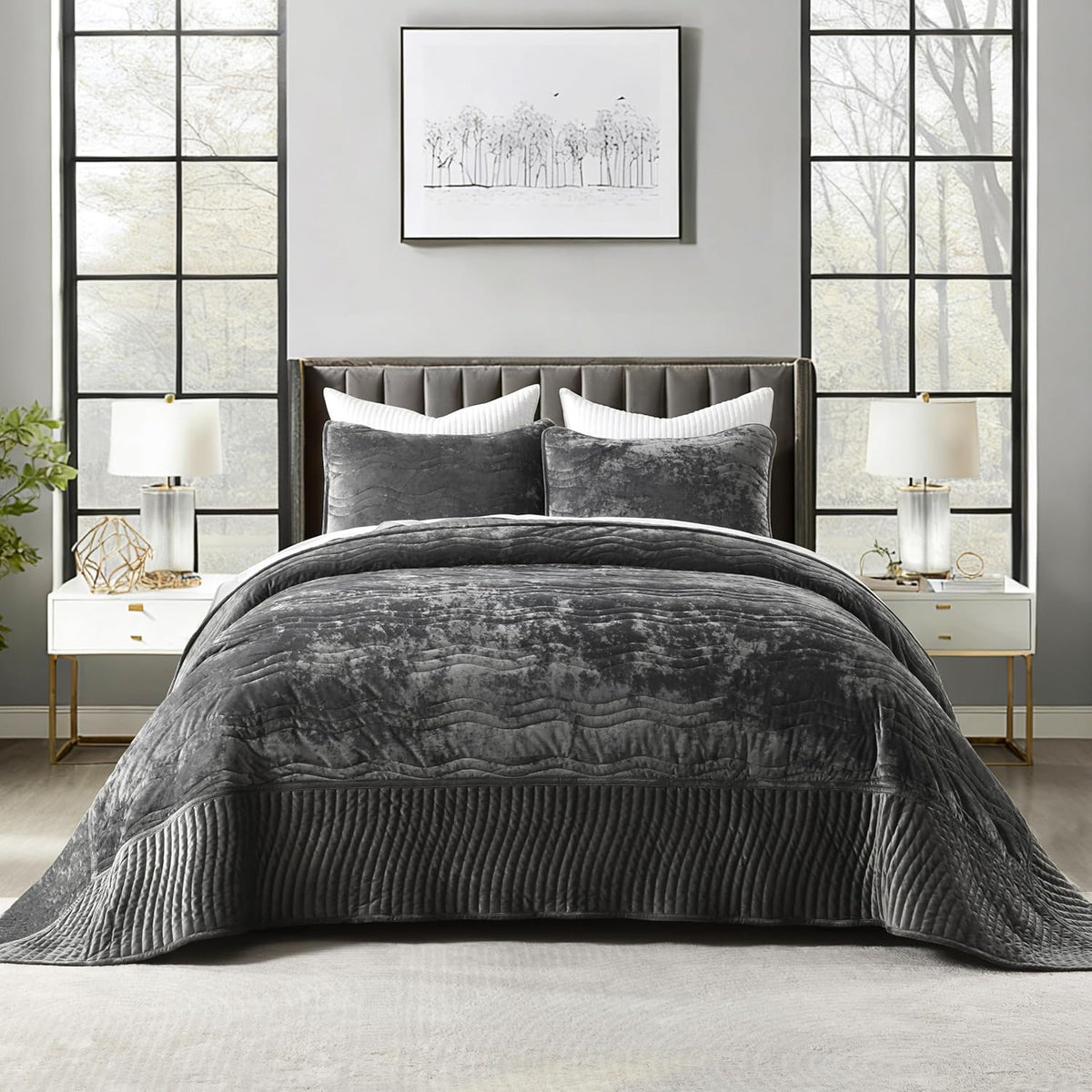 california king patchwork velvet comforter,grey wave pattern quilt, main product view