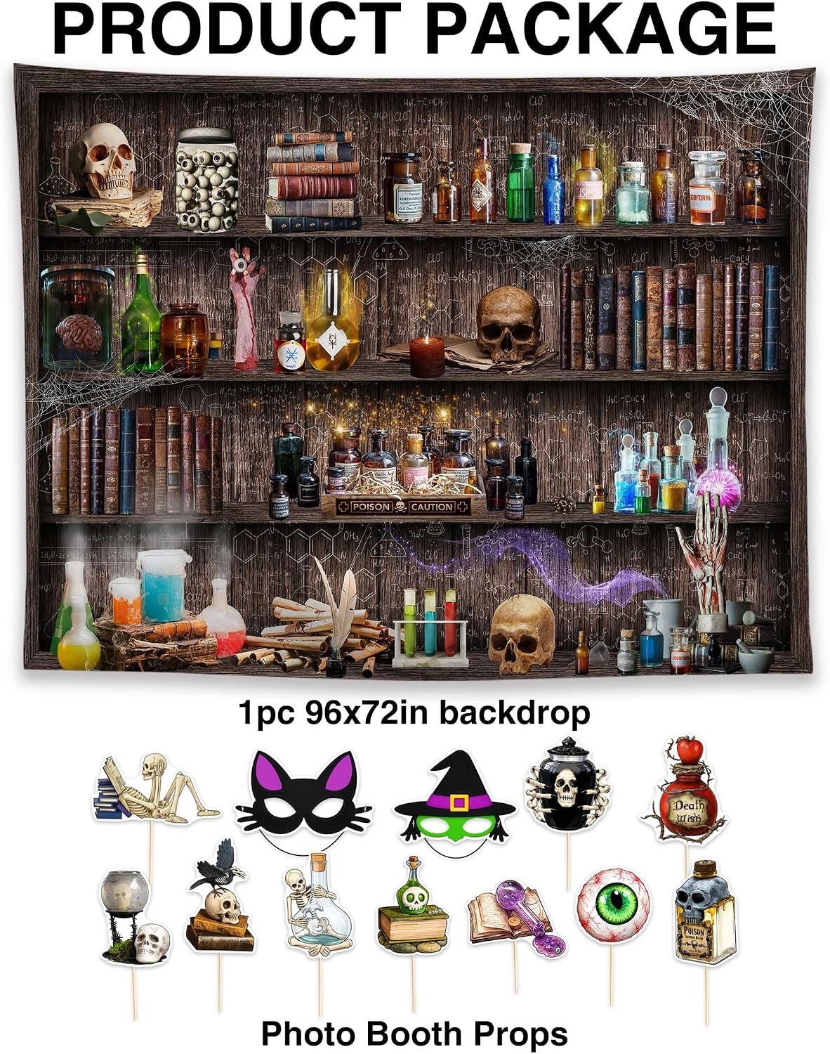 Allenjoy 96" x 72" Halloween Mad Scientist Photography Backdrop with Photo Booth Props, Party Decorations, Supplies and Favors