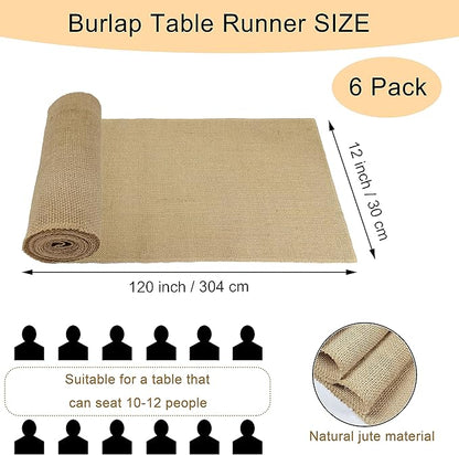 6 Pack 12 x 120 Inch Burlap Table Runners, Natural Rustic Jute Runner Bulk - Image 2
