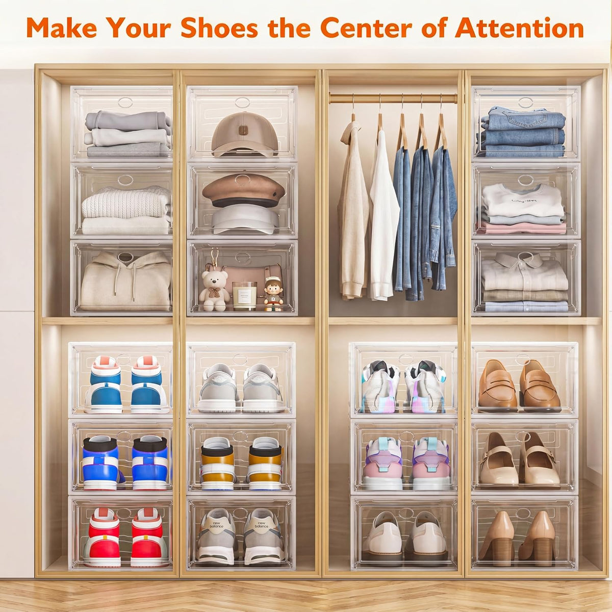 sturdy clear shoe organizer with magnetic door, stackable, package contents
