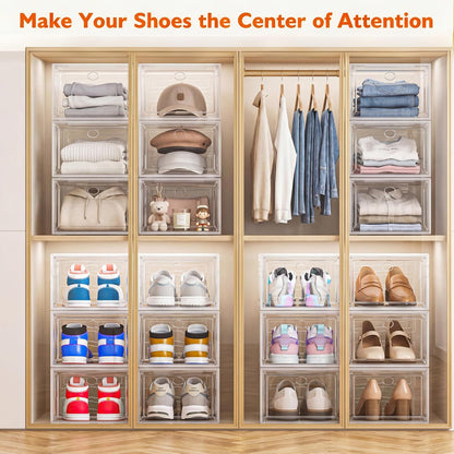 sturdy clear shoe organizer with magnetic door, stackable, package contents