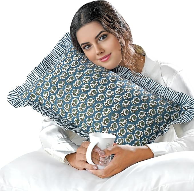Ridhi Peacock Blue 100% Cotton Block Print Ruffle Lumbar Sham Cover Handmade by Ridhi