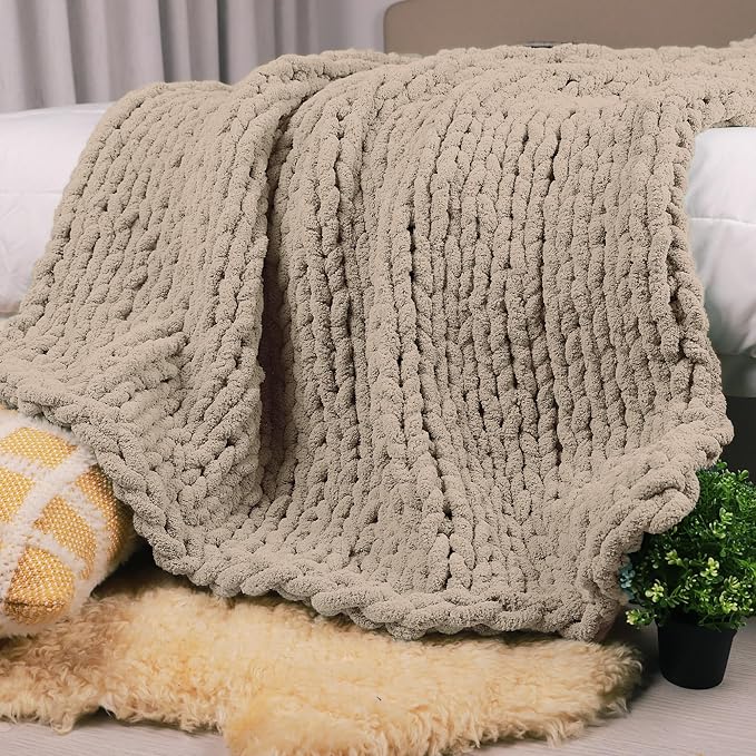 Carriediosa Chunky Knit Throw Blanket 50" X 60", 100% Hand Made Large Chenille by Carriediosa