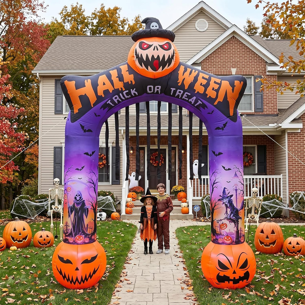 10 FT Halloween Inflatable Archway, Built-in LED Lights, Blow Up Outdoor Yard Decoration with Grim Reaper Witch Bat Patterns for Front Lawn Garden Party Décor Outdoor Holiday Party