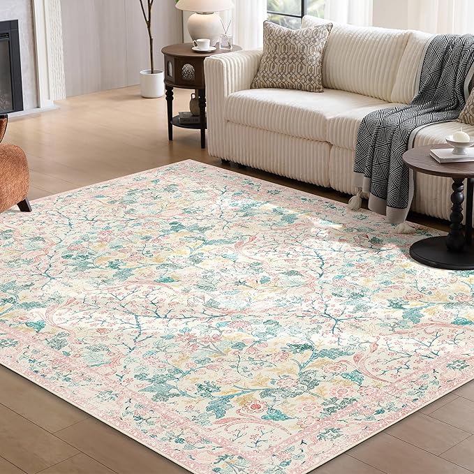 MUJOO Pink 5x7 Area Rugs, Floral Washable Rug - Image 3