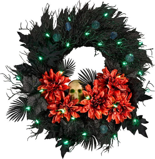 National Tree Company, 24inch Artificial Boo-Tiful Halloween Wreath with Orange Florals and White Skull, 30 Green LED Lights