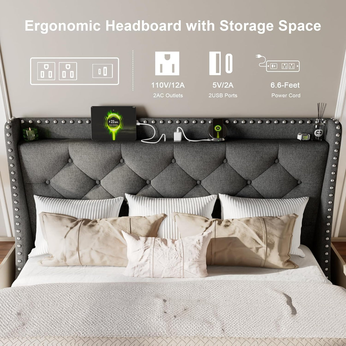 feonase full size bed frame with luxury wingback, close-up detail