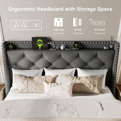 feonase full size bed frame with luxury wingback, close-up detail