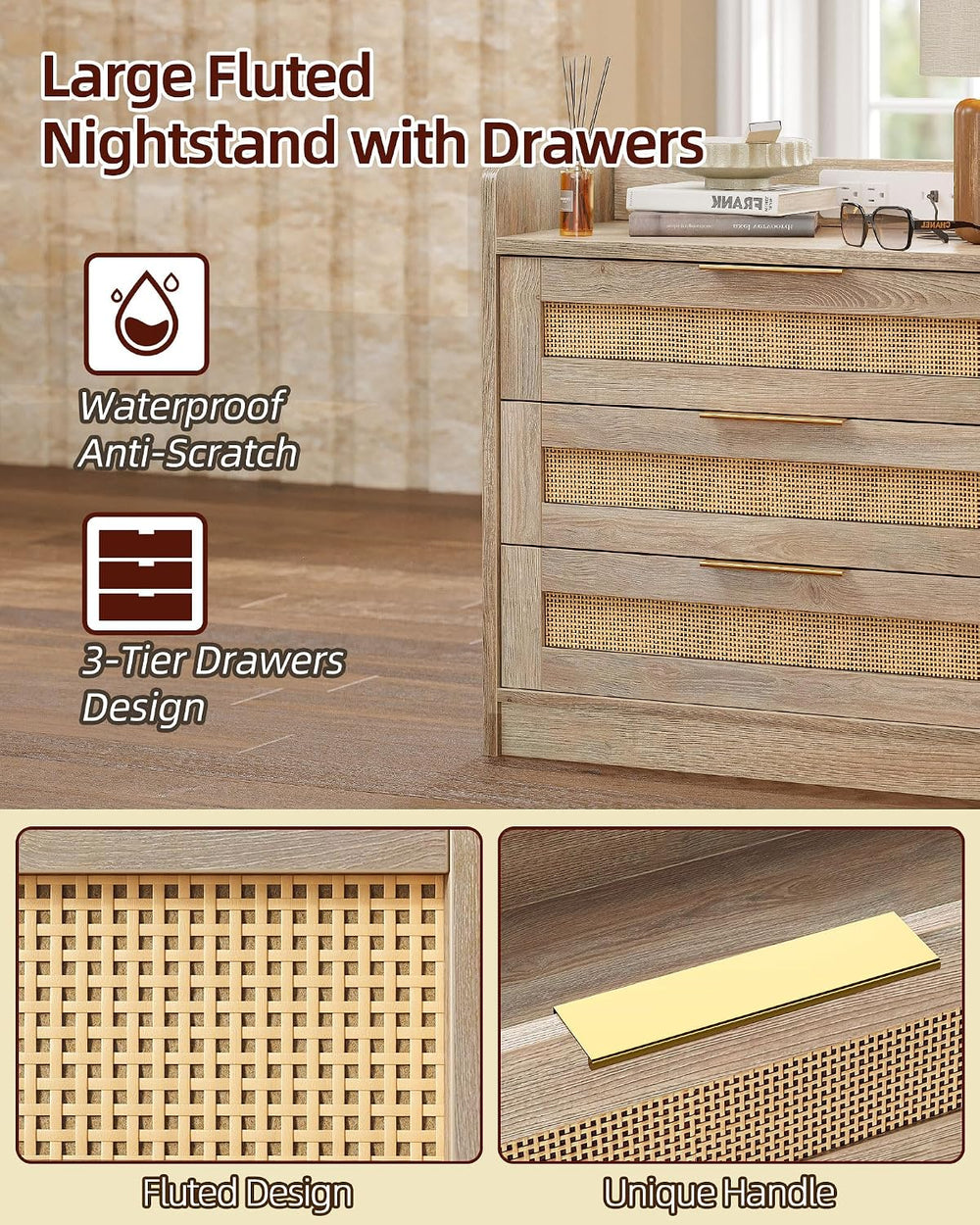 TIQLAB Bed Side Table Set of 2 with Charging Station, 3 Drawers Rattan Night ...