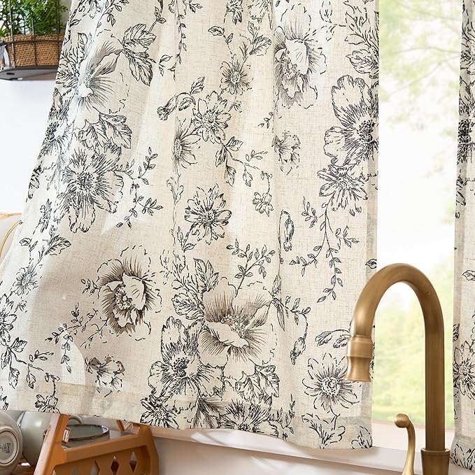 jinchan Floral Linen Tier Curtains 36 Inch Farmhouse Botanic Cafe Drapes - Image 4
