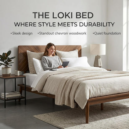 loki solid wood platform bed full, chevron headboard, view 9