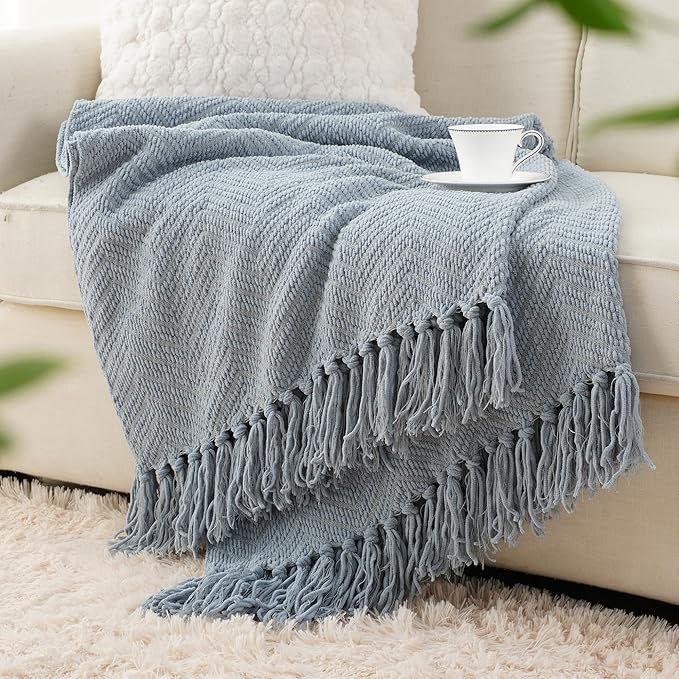 BATTILO HOME Bluish Grey Chenille Throw Blanket - Image 5