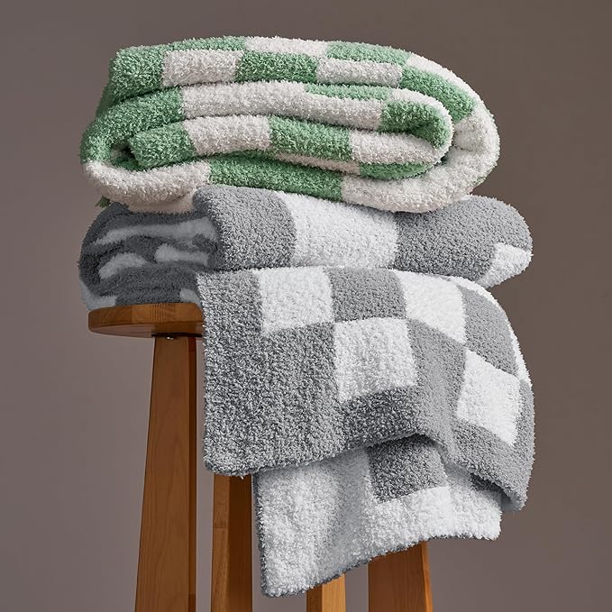 Joiedomi Twin Blanket for Couch Bed, Light Grey Checkered Knitted Blankets - Image 7