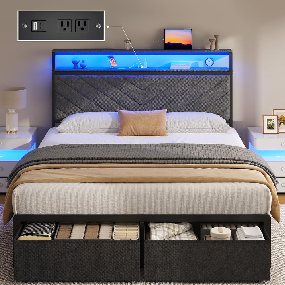 Fluest Full Bed Frame with 2 Drawers, Upholstered Headboard with Storage and ...