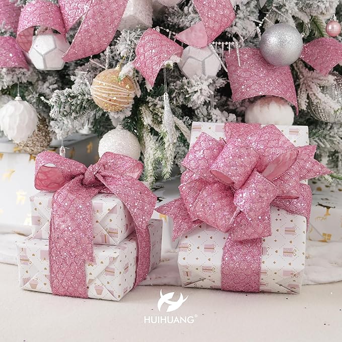 HUIHUANG Pink Glitter Wired Ribbon - Image 3