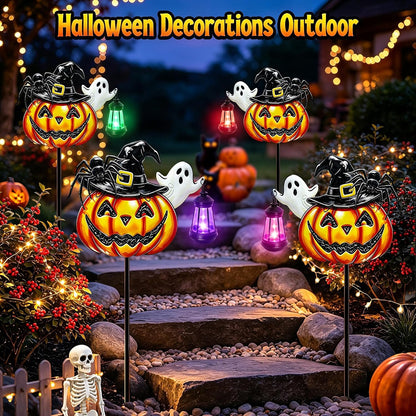 Halloween Decorations Outdoor Metal Solar Pumpkin Lights with Solar Lantern