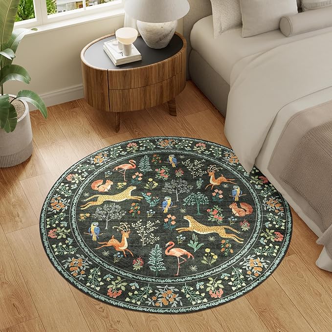 DUKINO 4ft Round Rug, Washable Round Area Rug, Non Slip Indoor Low Pile Animal - Image 3