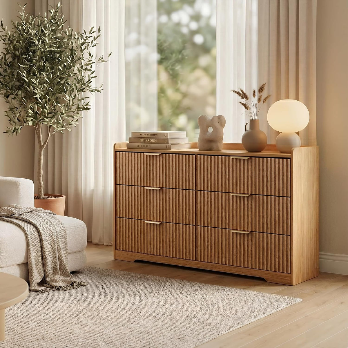 ourpic fluted modern 6 drawer dresser for bedroom, side view