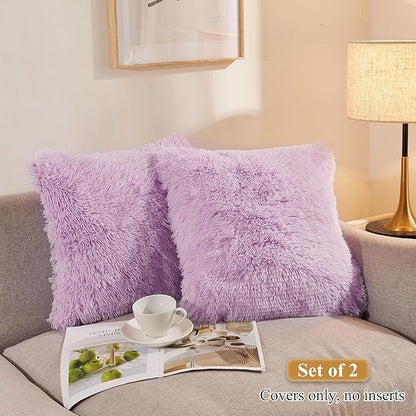 XeGe Faux Fur Lavender Throw Pillow Covers, Shaggy Fluffy Cushion Covers - Image 2