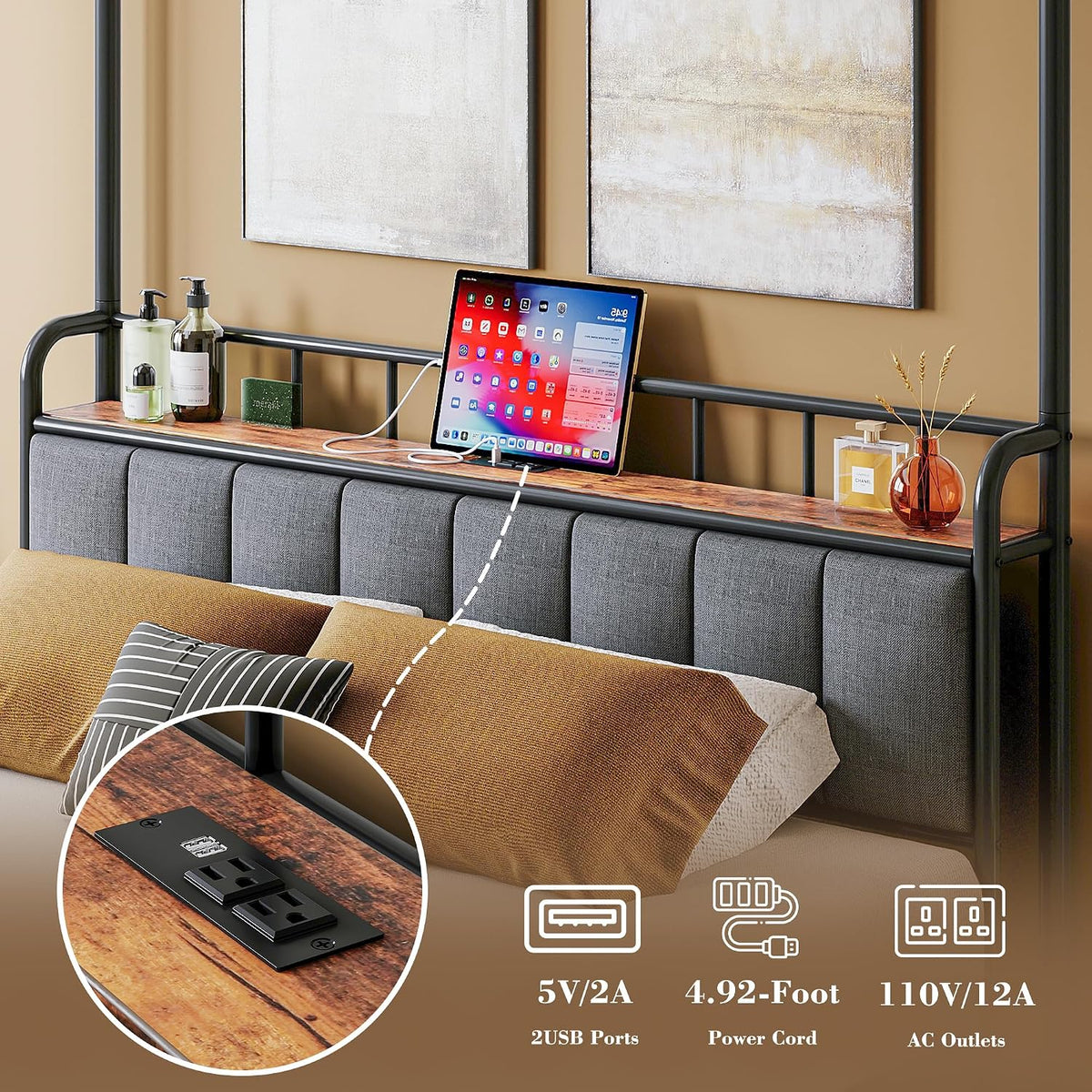likimio full canopy bed frame, storage headboard with, close-up detail