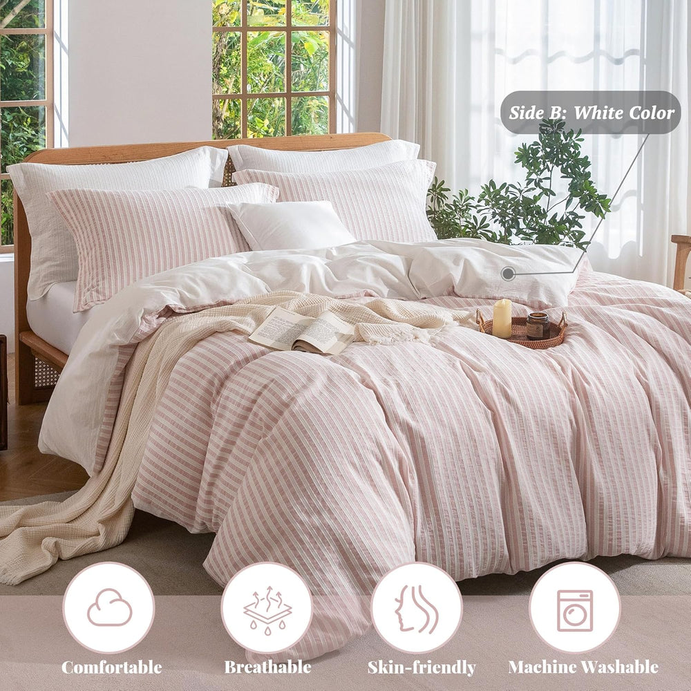 MILDLY Jacquard Striped Duvet Cover Set 3pcs Dual Zipper Pink Full