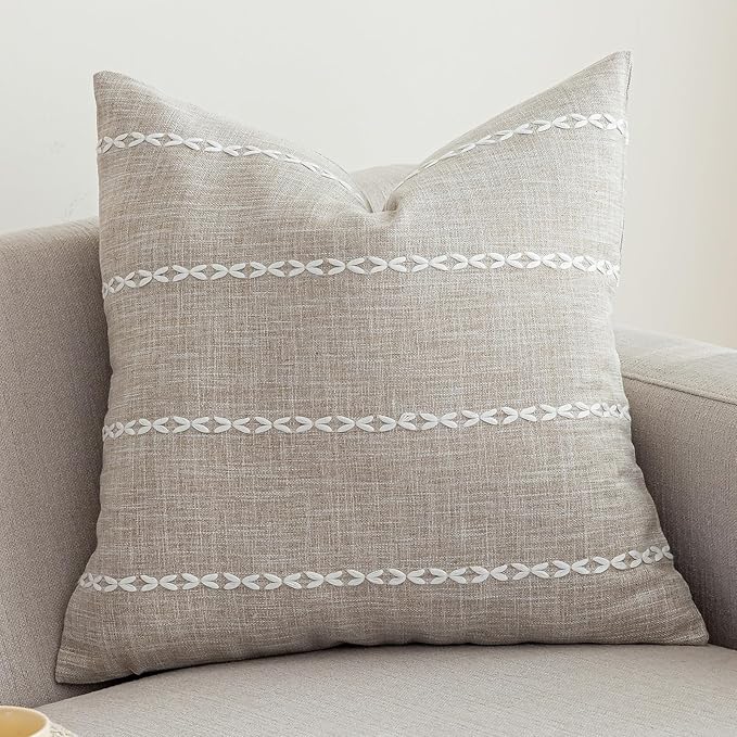 vctops Rustic Striped Cotton Linen Decorative Throw Pillow Cover Embroidery by vctops
