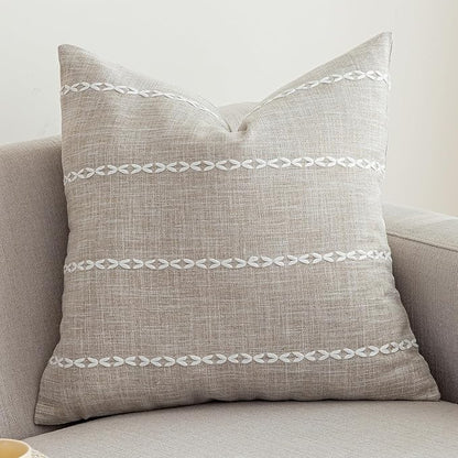 vctops Rustic Striped Cotton Linen Decorative Throw Pillow Cover Embroidery by vctops