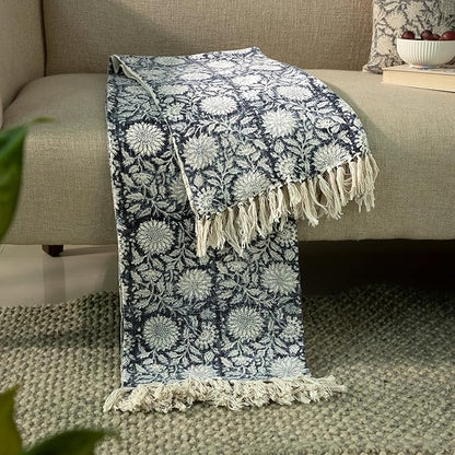 100% Pure Cotton Handblock Printed Throw Blanket, Soft 50" x 60" Fringed Floral - Image 3