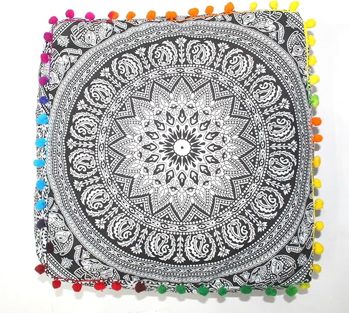 CRAFT KALA Black Elephant Flower Large Hippie Mandala Meditation Floor Ottoman - Image 3