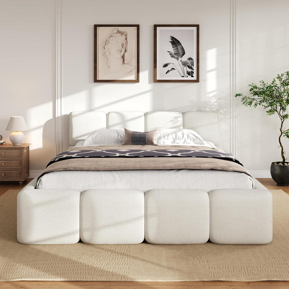 merax queen boucle platform bed with thick headboard, close-up detail
