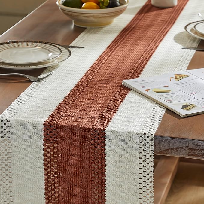ZeeMart Macrame Style Bicolor Stitching Table Runner, 14 x 90 Inch - Image 5