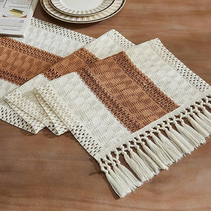 ZeeMart Macrame Style Bicolor Stitching Table Runner, 14 x 48 Inch Caramel/Ivory by ZEEMARTONLINE