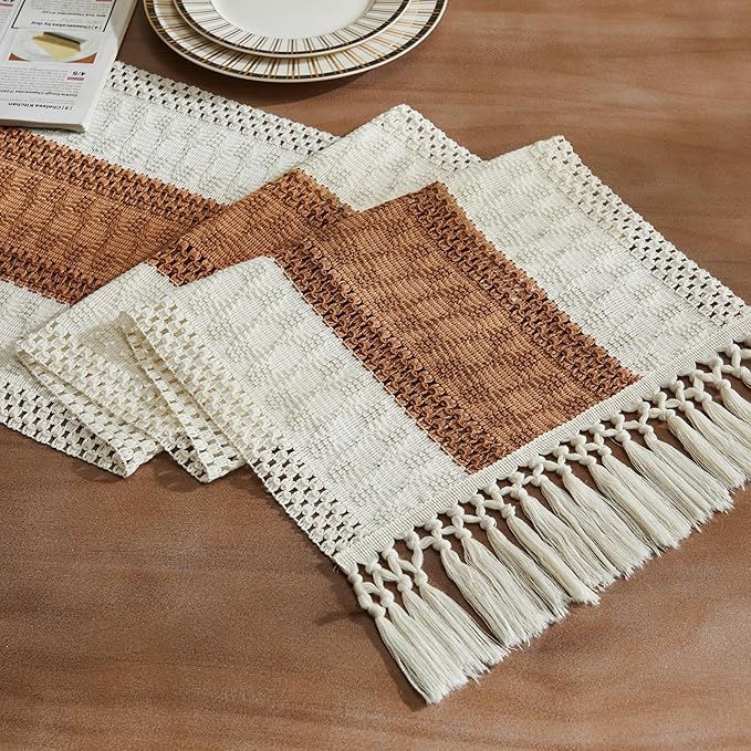 ZeeMart Macrame Style Bicolor Stitching Table Runner, 14 x 90 Inch Caramel/Ivory by ZEEMARTONLINE