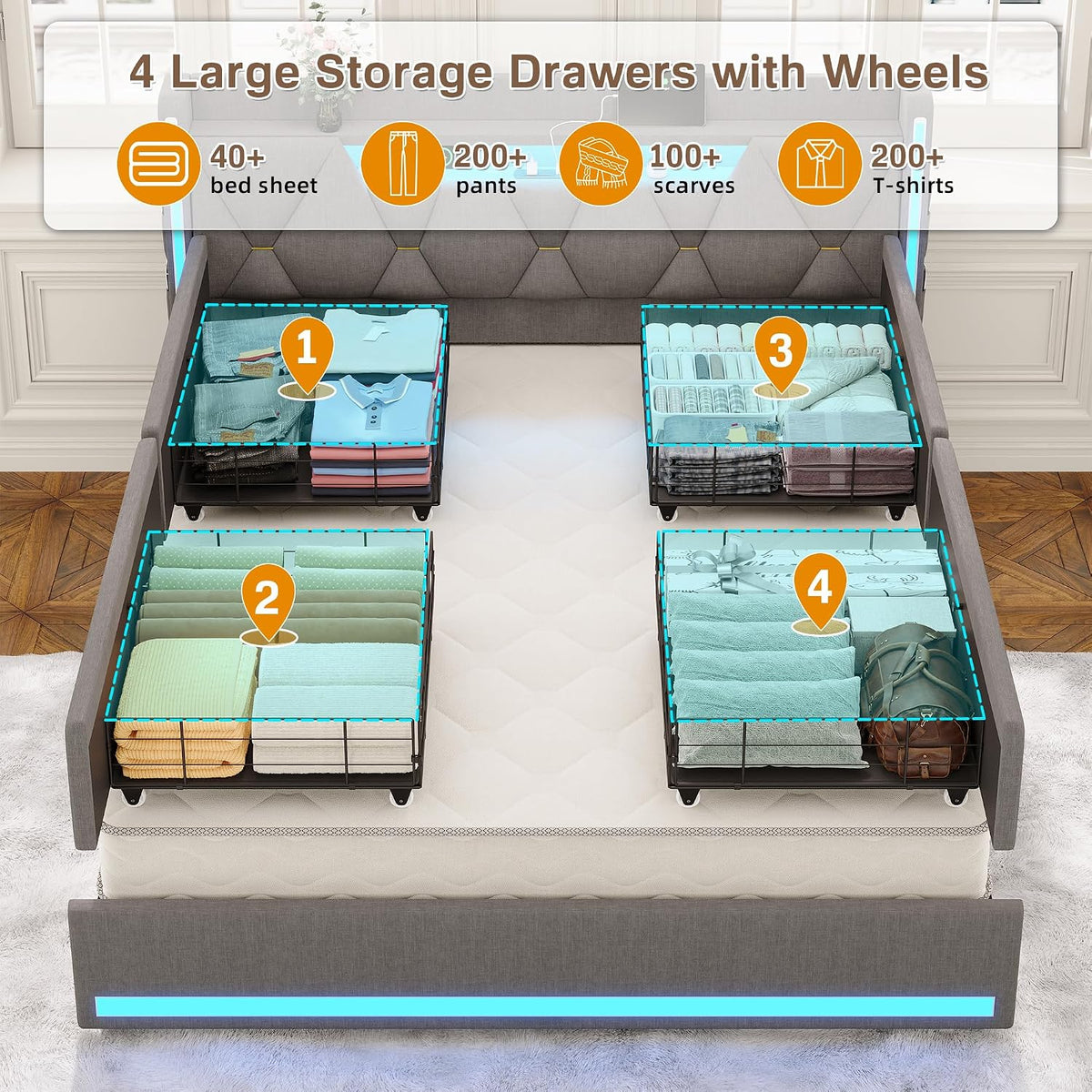 busyaeh queen size bed frame with 4 drawers on a desk or shelf