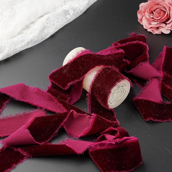 Burgundy Velvet Ribbon 1.5 Inch Maroon Frayed Silk Velvet Ribbon Burgundy - Image 3