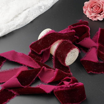 Burgundy Velvet Ribbon 1.5 Inch Maroon Frayed Silk Velvet Ribbon Burgundy - Image 3