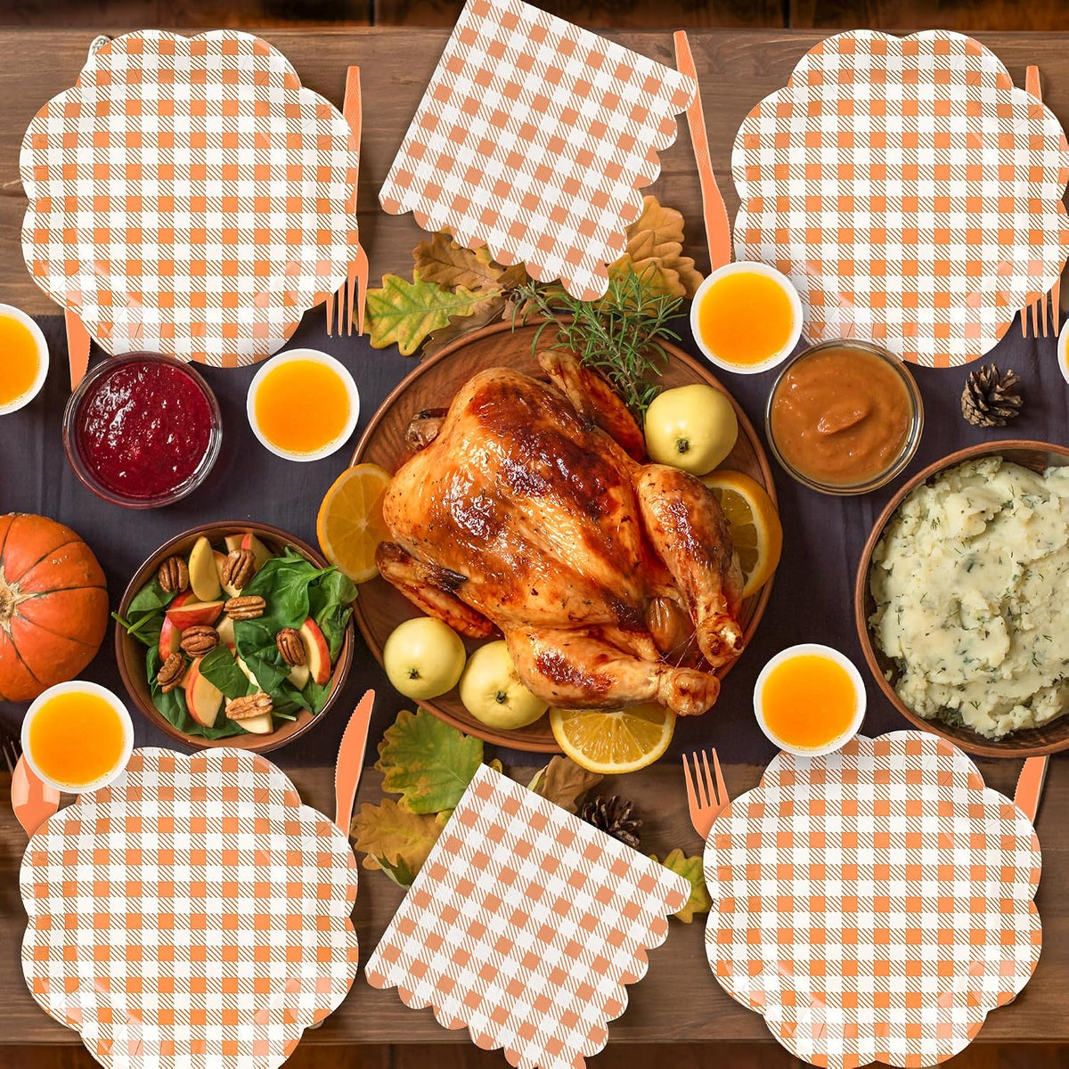 400 Pcs Orange Gingham Party Supplies for 50 Guests Orange and White Scalloped Paper Plates Napkin Cup & Cutlery Disposable Checkered Dinner Party Set for Thanksgiving, Halloween, Fall Wedding