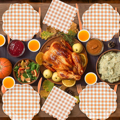 400 Pcs Orange Gingham Party Supplies for 50 Guests Orange and White Scalloped Paper Plates Napkin Cup & Cutlery Disposable Checkered Dinner Party Set for Thanksgiving, Halloween, Fall Wedding