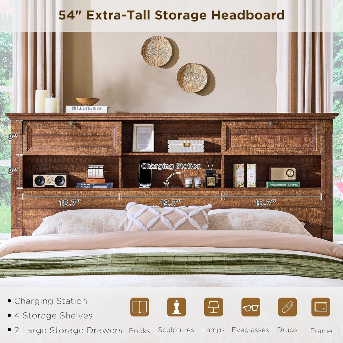 farmhouse queen size bed frame with 54" tall on a desk or shelf