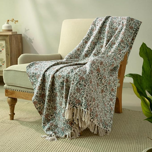 100% Pure Cotton Handblock Printed Throw Blanket, Soft 50" x 60" Fringed Floral by Unknown