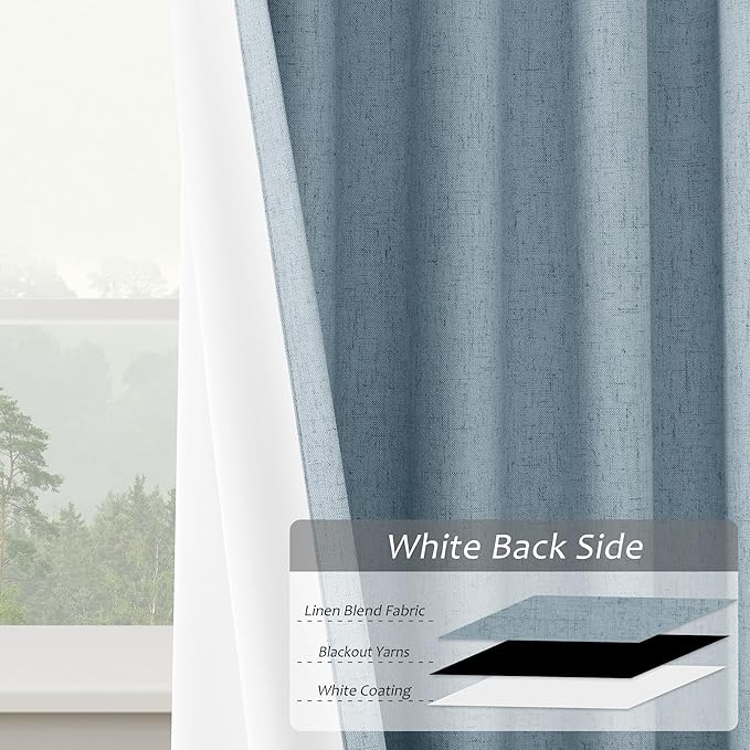 Blue 100% Blackout Pinch Pleated Linen Curtains 108 Inches Long - Image 5