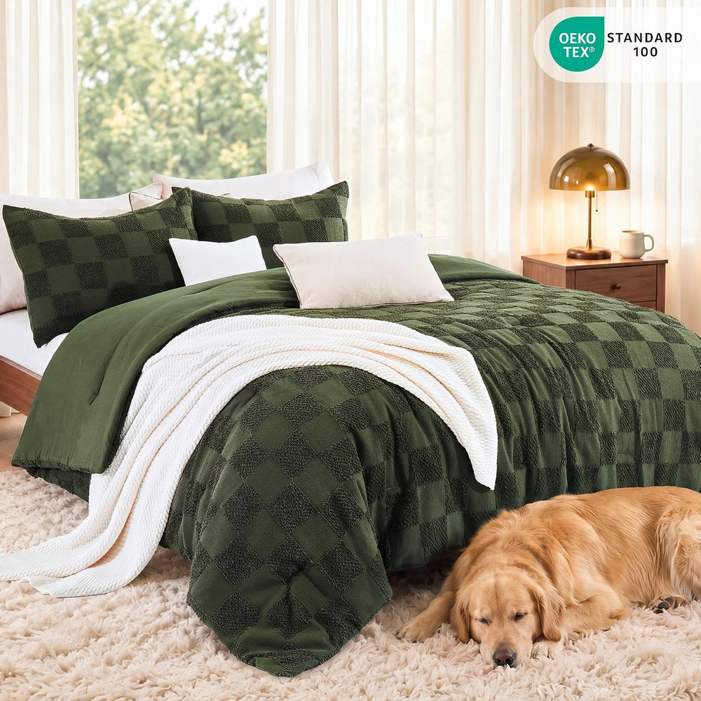 Full Comforter Set-3 Pieces Soft Boho Tufted Bed Checkered Bedding