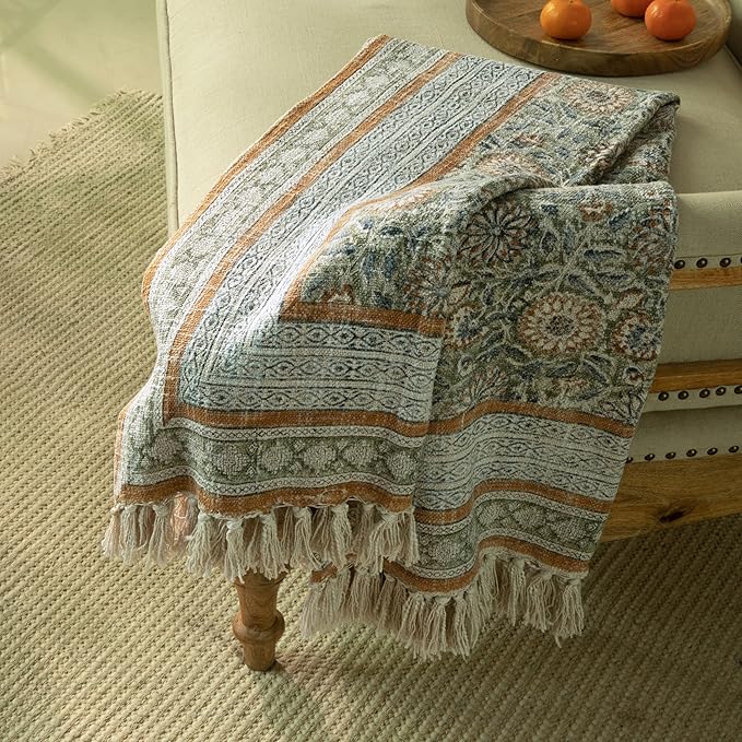 100% Pure Cotton Handblock Printed Throw Blanket, Soft 50" x 60" Fringed Floral - Image 3