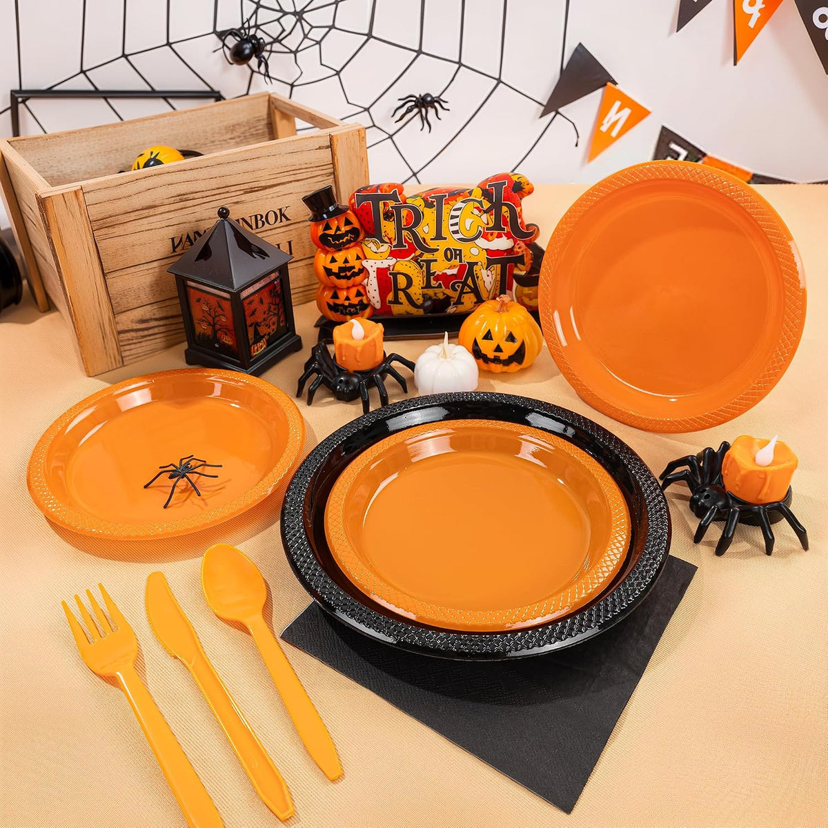 LUODA MirthMood 350PCS black and orange Plastic Plates,Black Disposable Plates –Plastic Plates Set Includes 50 Dinner,50 Dessert Plate,50 Cup&50 Napkins, 50 orange Silverware for Parties&Halloween